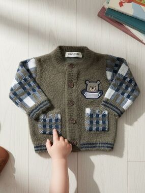 Love Bird Fuzzy Knit Kids Cardigan Brown Plaid Teddy Bear Patch Soft Angora Feel